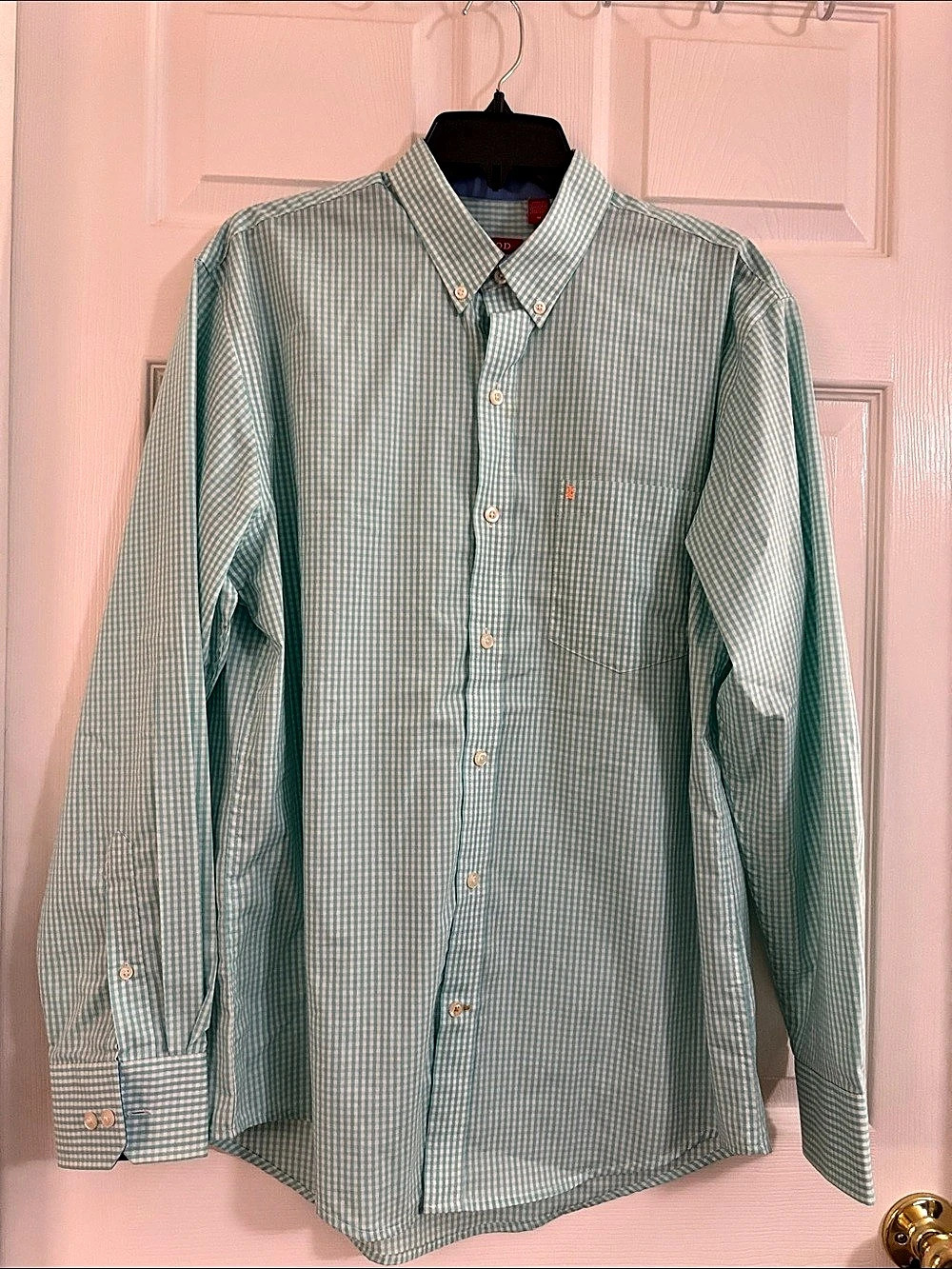Izod Performance Comfort Gingham Button-Down Shirt Green & White Medium